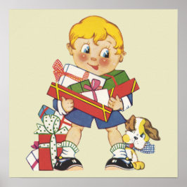 Póster Navidad Vintage, Niño con Regalos y Cachorro