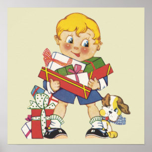 Póster Navidad Vintage, Niño con Regalos y Cachorro