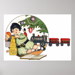 Póster Navidad vintage, niño feliz jugando con juguetes