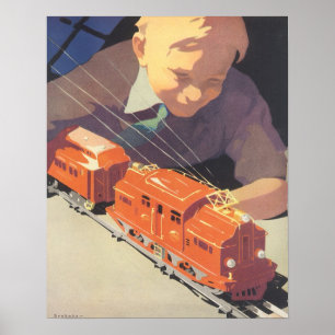 Póster Navidad vintage, niño jugando con juguetes