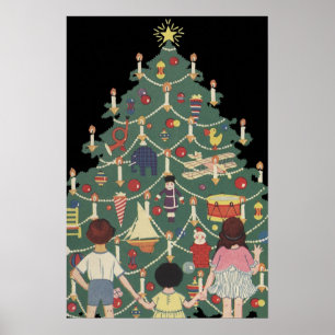 Póster Navidad Vintage Niños Alrededor de un Árbol Decora