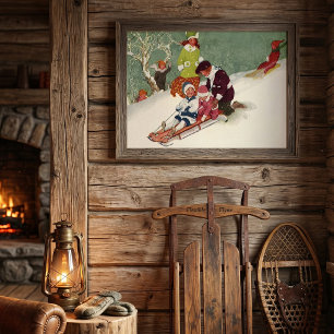 Póster Navidad Vintage, niños deslizándose en la nieve