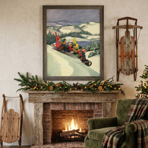 Póster Navidad Vintage, niños deslizándose en trineo en u