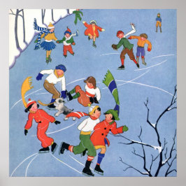 Póster Navidad vintage, niños patinando hielo en un lago
