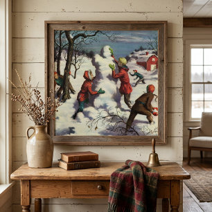 Póster Navidad Vintage, niños pelea de bolas de nieve