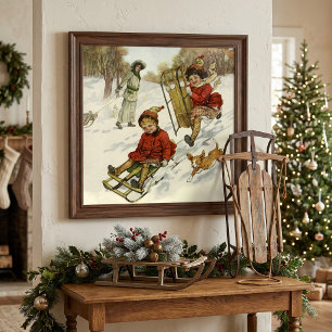 Póster Navidad Vintage, niños victorianos en trineo con p