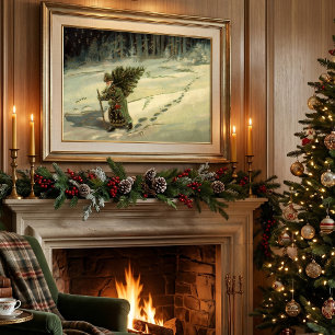Póster Navidad vintage, Papá Noel cargando un árbol