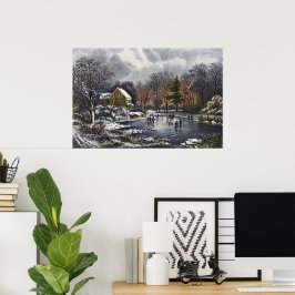 Póster Navidad vintage, primeros patinadores de invierno 