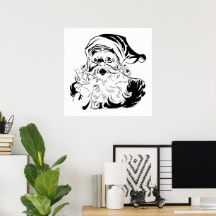 Póster Navidad Vintage, Retro Santa Claus Alegre, Negro