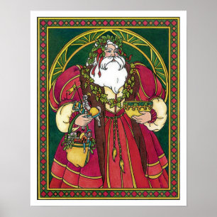 Póster Navidad vintage, Santa Claus con hojas holly