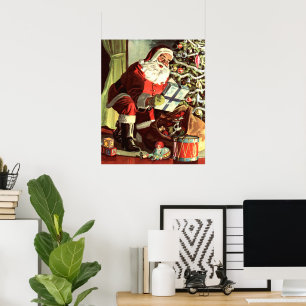 Póster Navidad vintage, Santa Claus retro con regalos