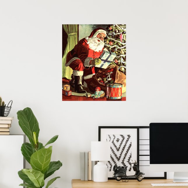 Póster Navidad vintage, Santa Claus retro con regalos (Oficina en casa)