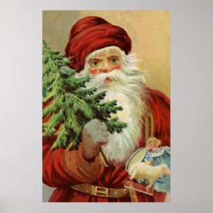 Póster Navidad Vintage, Santa Claus Victoriano con Árbol