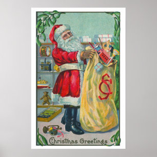 Póster Navidad Vintage, Santa Claus victoriano con juguet