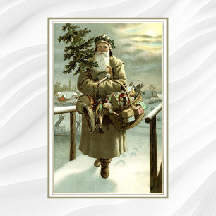 Póster Navidad vintage, Santa Claus victoriano con juguet
