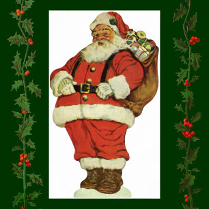 Póster Navidad vintage, Santa Claus victoriano con juguet