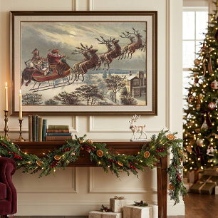 Póster Navidad Vintage, Santa Claus Victoriano en Trineo