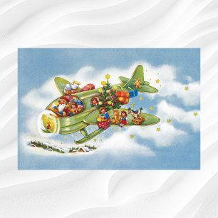 Póster Navidad vintage, Santa Claus volando un avión
