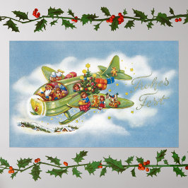Póster Navidad vintage, Santa Claus volando un avión