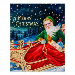 Póster Navidad vintage Santa Trineo Noche estrellada