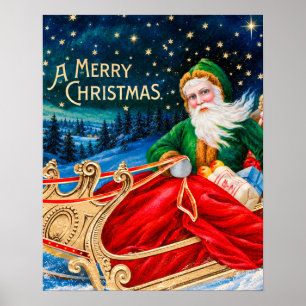 Póster Navidad vintage Santa Trineo Noche estrellada