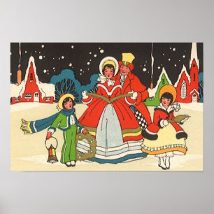 Póster Navidad Vintage, una familia cantando villancicos