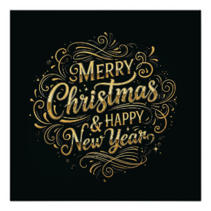 Póster Navidad y Año Nuevo en negro y oro de lujo