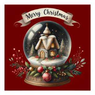 Póster Navidades acogedores Escena de la cabaña de glóbul
