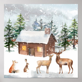 Póster Navidades, animales de bosque, cabaña de troncos