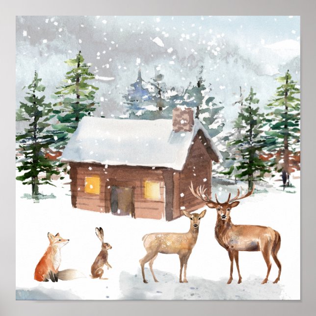 Póster Navidades, animales de bosque, cabaña de troncos (Frente)