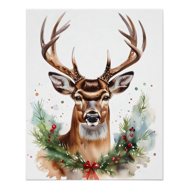 Póster Navidades animan el arte digital Deer Watercolor (Anverso)