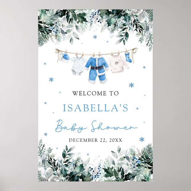 Póster Navidades azules Santa Bebé Baby Shower Signo de b (Frente)