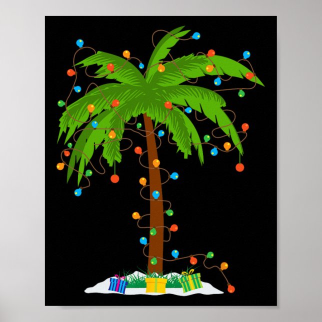 Póster Navidades Beach Palm Tree Con Xmas Luces Tropica (Frente)