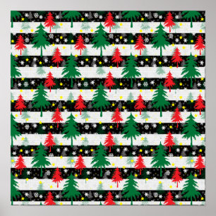 Póster Navidades blancos negros rayas de nieve árboles ve