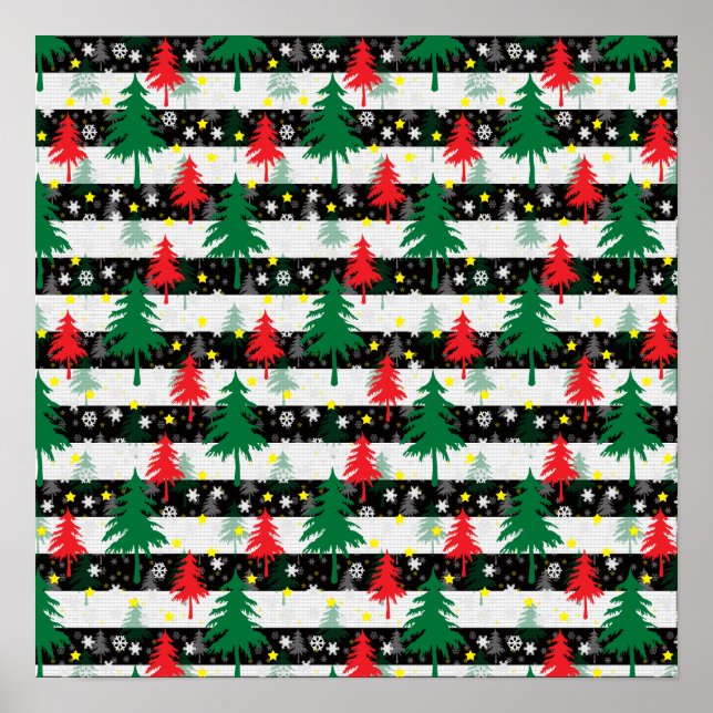 Póster Navidades blancos negros rayas de nieve árboles ve (Frente)