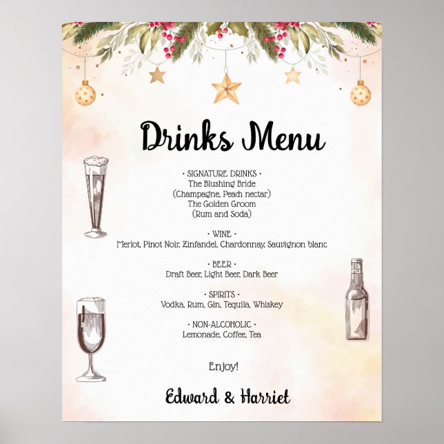 Póster Navidades Boda Bebidas Menú Boda Rótulo (Frente)