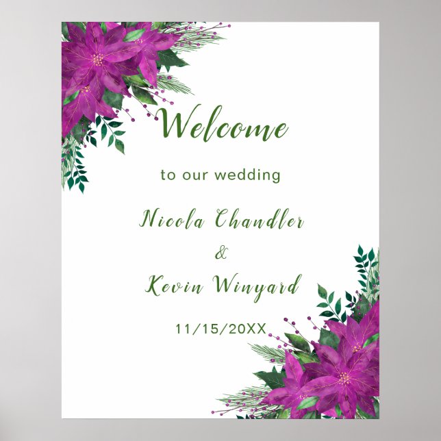Póster Navidades Boda de flores de púrpura de poinsettia (Frente)