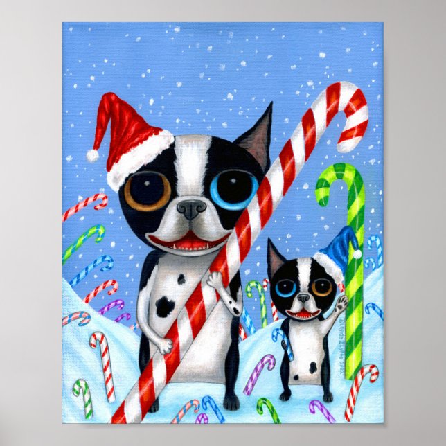 Póster Navidades Boston Terrier Perros Candy Cane Santa H (Frente)