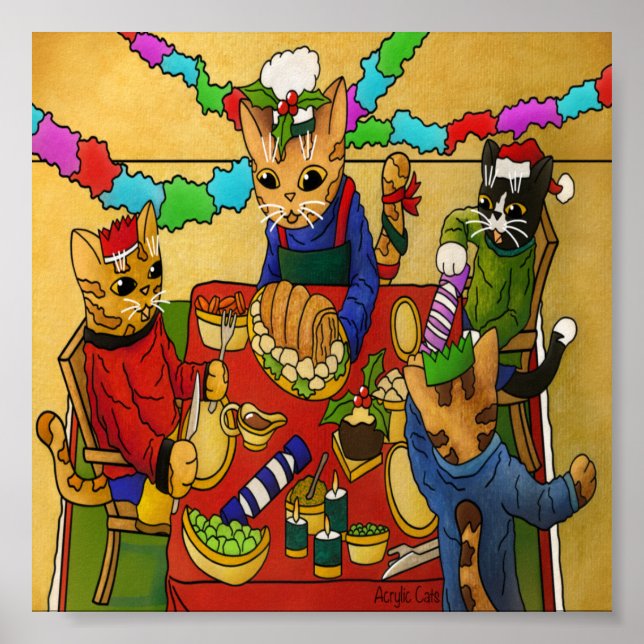 Póster Navidades británicos cenan gatos (Frente)