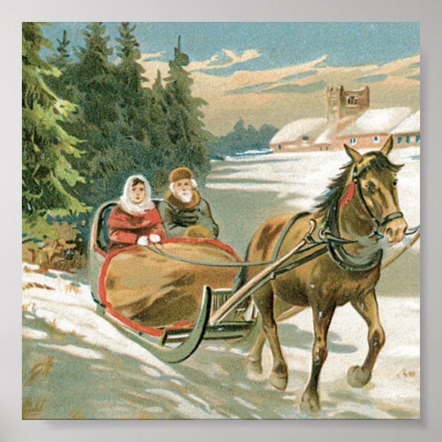 Póster Navidades Caballo y Sleigh (Frente)