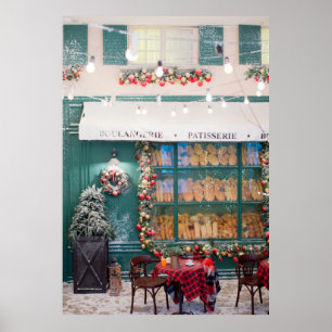 Póster Navidades café panadería exterior con deco Navidad