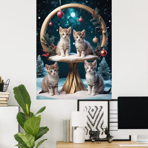 Póster Navidades caprichosos gatitos con base de oro