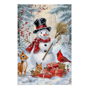Póster Navidades clásicos Snowman y Woodland Friends Art