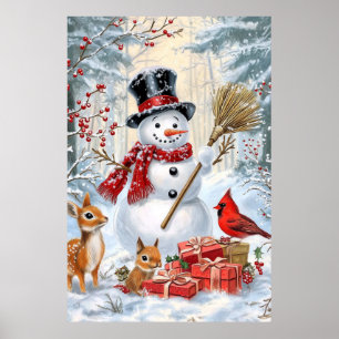 Póster Navidades clásicos Snowman y Woodland Friends Art