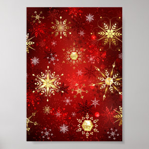 Póster Navidades Copos de nieve dorados con fondo rojo