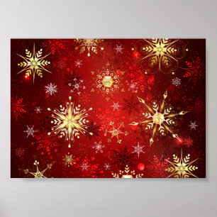 Póster Navidades Copos de nieve dorados con fondo rojo