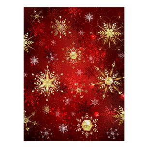 Póster Navidades Copos de nieve dorados con fondo rojo