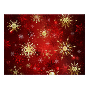 Póster Navidades Copos de nieve dorados con fondo rojo
