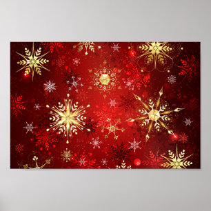 Póster Navidades Copos de nieve dorados con fondo rojo