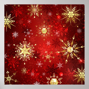 Póster Navidades Copos de nieve dorados con fondo rojo